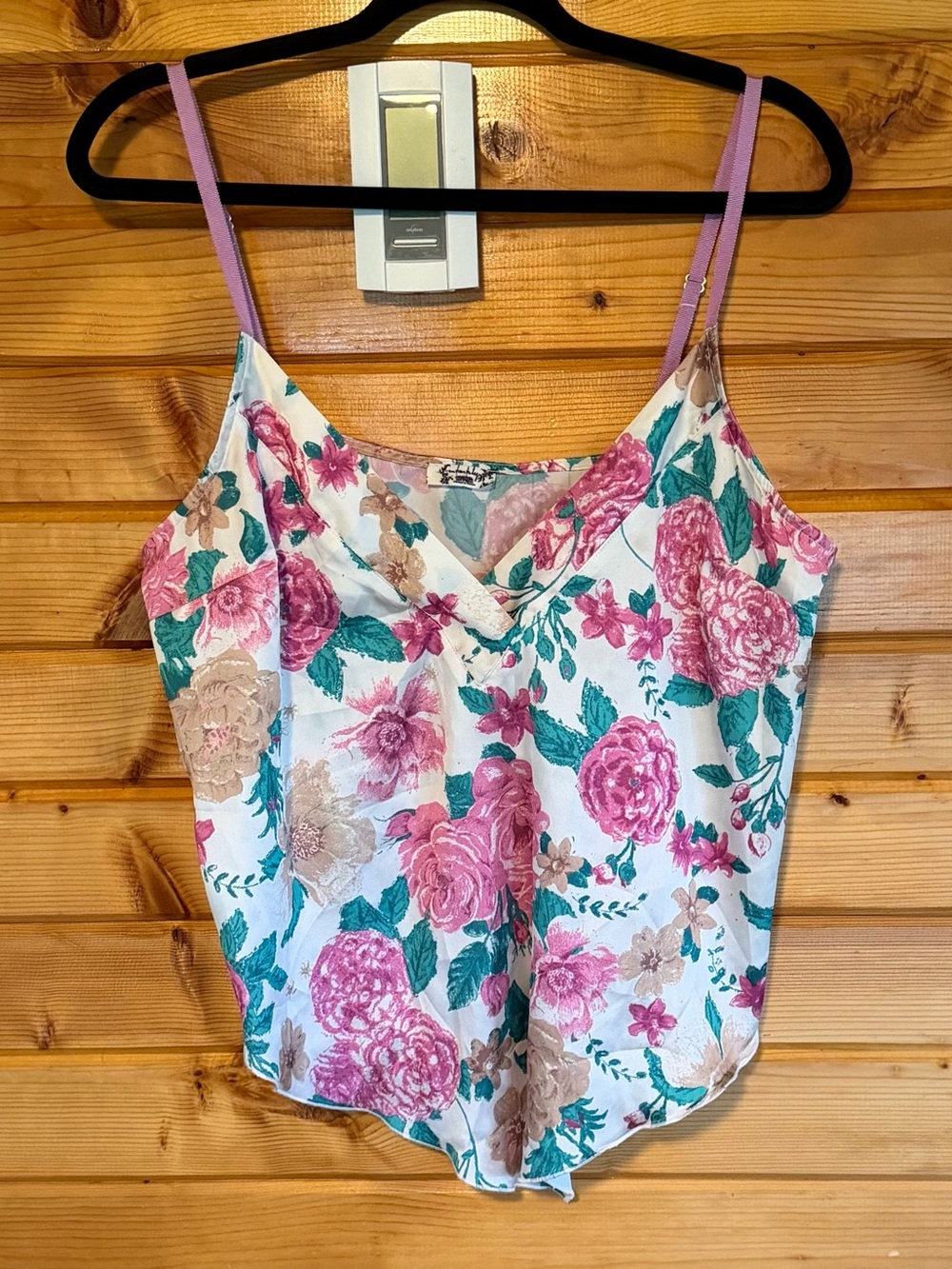 Floral Satin V-Neck Cami in White with Pink & Green Blooms